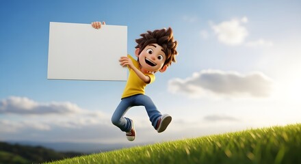 Joyful 3D Cartoon Boy Jumping with Blank Sign on Grassy Hill under Blue Sky