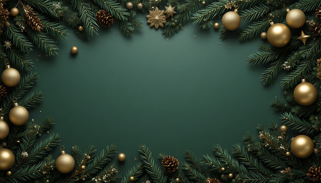 Decorative Green Christmas Frame with Gold Ornaments and Pine Branches for Holiday Background