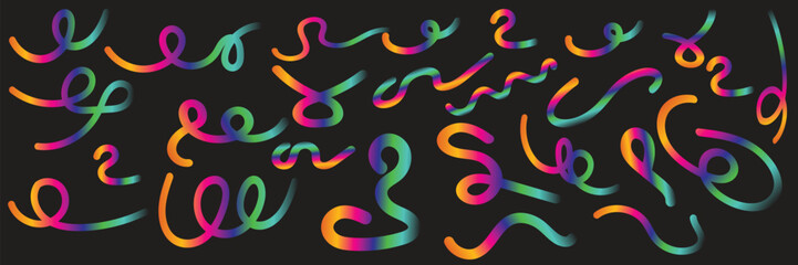 3D colorful swirl ribbons forming playful curves and dynamic strokes. Vector Rainbow Ribbon isolated on black background.