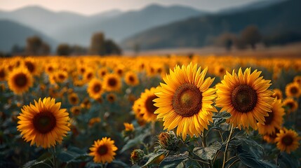 Fototapeta premium Stunning panoramic shot of a vast sunflower field in full bloom under a hazy sky, bathed in the warm, golden light of a late afternoon summer sun.