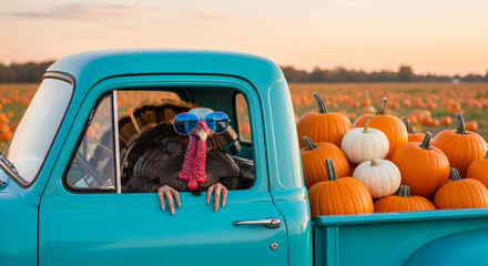 Turkey with sunglass in blue pickup, pumpkins in the back, pumpkin field. Concept of autumn harvest, transportation, Thanksgiving holiday theme