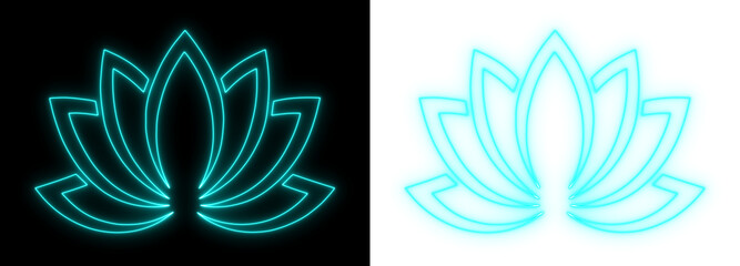 Glowing neon lotus symbol in cyan on dark and transparent backgrounds, minimalist spiritual floral line art design