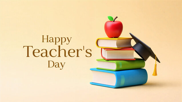Happy teacher's day. stack of books, apple, and graduation cap - Powered by Adobe