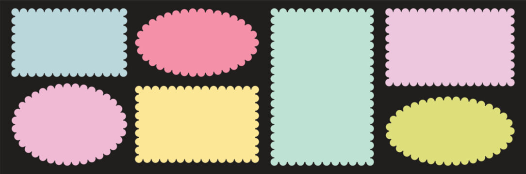 Zig zag edge circle, square, rectangle, round shape collection. Silhouette stickers circle, Scalloped edge seamless set, Wiggle Line Design Sign Background.
