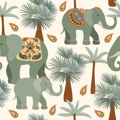 Traditional seamless Paisley, elephant, palm pattern. Indian Kashmir ornament. Vector