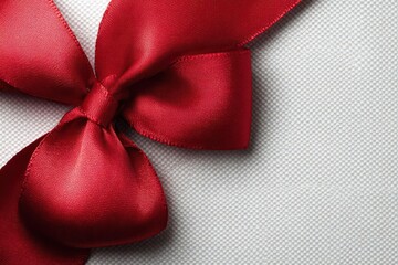 Close up of a luxurious red satin ribbon tied into a beautiful bow on a textured white background