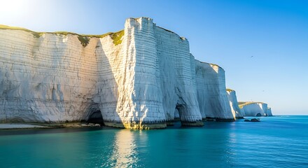 A beautiful coastal landscape featuring iconic white chalk cliffs reflecting in the tranquil blue ocean under a clear sunny sky