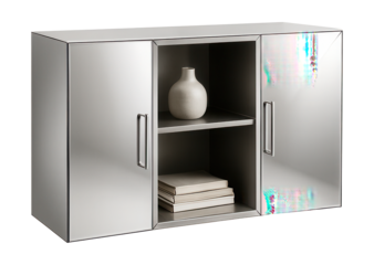 Mirrored cabinet featuring open shelves and closed storage for a versatile living space.