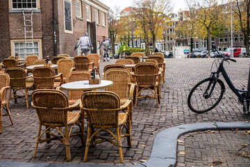 Outdoor cafe made of rotunda furniture in a large city