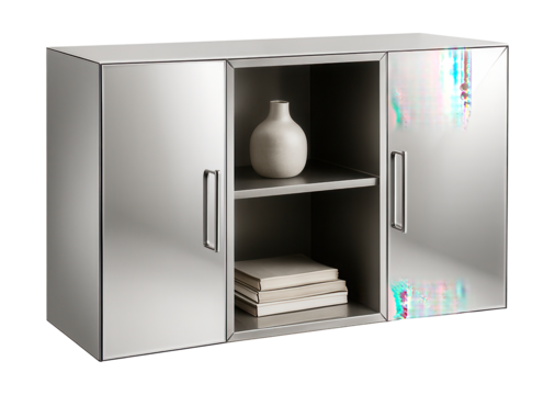 Mirrored cabinet featuring open shelves and closed storage for a versatile living space.