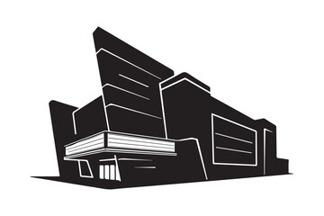 Stylized black and white illustration of a modern building facade
