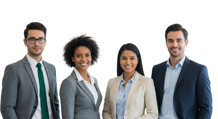 A diverse group of four professionals smiling confidently at the camera, standing together in business attire, isolated on transparent background