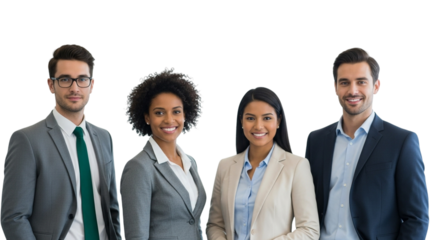 A diverse group of four professionals smiling confidently at the camera, standing together in business attire, isolated on transparent background
