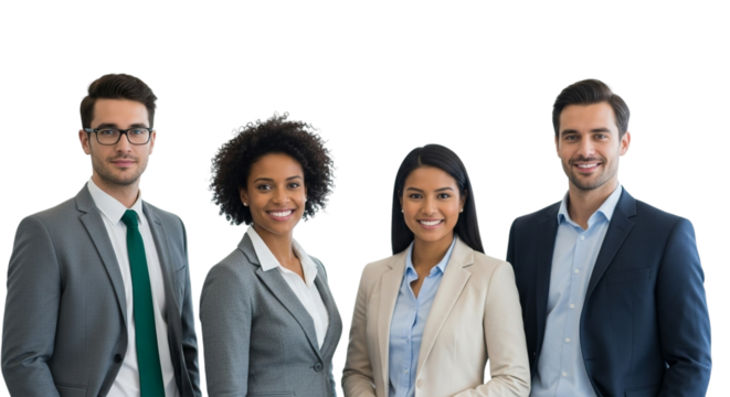 A diverse group of four professionals smiling confidently at the camera, standing together in business attire, isolated on transparent background