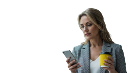 A blonde woman in a grey blazer holding a yellow cup and a smartphone, isolated on transparent background