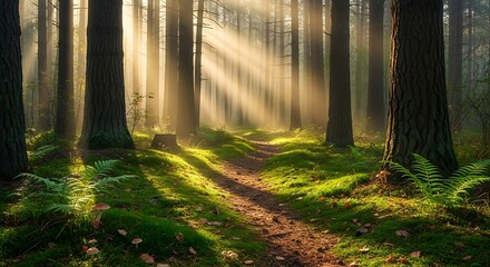 Fototapeta premium Sunlit Forest Path Tranquil Scene of Sunlight Streaming Through Trees and Mossy Ground