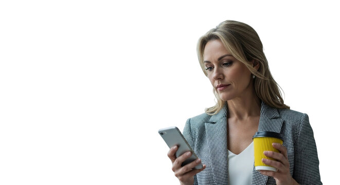 A blonde woman in a grey blazer holding a yellow cup and a smartphone, isolated on transparent background - Powered by Adobe