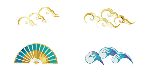 Obraz premium Japanese inspired vector elements gold clouds fan and blue waves on black
