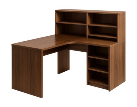 Corner desk featuring built-in shelves for extra storage in a study space.