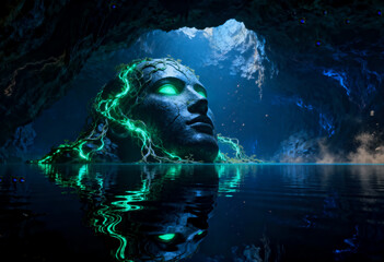 Cinematic sweep around glowing ancient stone head in illuminated underwater cavern
