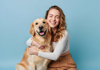 Young smiling happy cheerful owner woman with her best friend retriever wear casual clothes cuddle hug dog close eyes isolated on plain pastel light blue background studio. Take care about pet concept