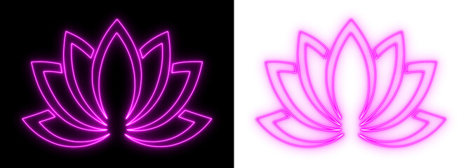 Glowing neon lotus symbol in pink on dark and transparent backgrounds, minimalist spiritual floral line art design