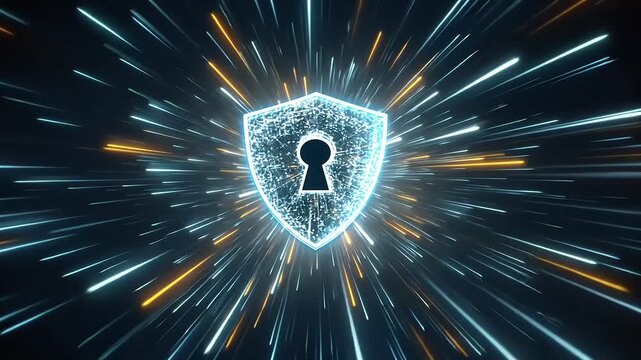Digital shield with keyhole amidst vibrant light rays, symbolizing cybersecurity and protection