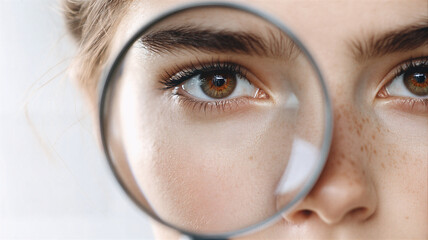 Intrigued woman's eye magnified, revealing a world of detail and beauty, perfect for skincare or beauty product advertising, conveying precision and focus
