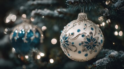 Close-up of white and blue Christmas ornaments hanging on a green pine tree, adorned with glowing lights that enhance the festive holiday charm of the seasonal decoration.