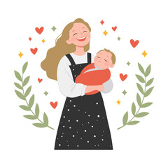 Happy mother holding her newborn baby in arms. Pregnancy and breastfeeding concept. Mom and child. Mother's day. Flat vector illustration of motherhood, love, and family care.