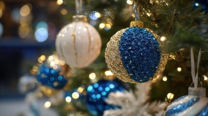Close-up of white and blue Christmas ornaments hanging on a green pine tree, adorned with glowing lights that enhance the festive holiday charm of the seasonal decoration.