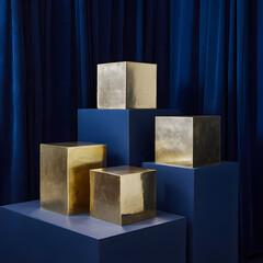 Elegant golden cubes on blue pedestals create a modern, luxurious geometric display showcasing style, opulence, and artistic design for impactful visuals