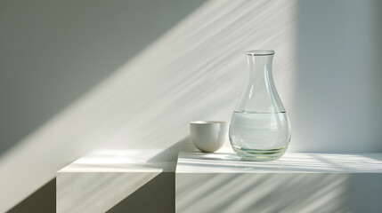 Minimalist hydration concept featuring a sleek glass carafe and cup, illuminated by soft, natural light and shadows for a serene, wellness-focused design