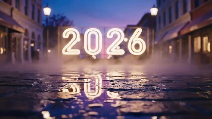 2026年のネオンサイン 夜の街並みと濡れたアスファルトの反射 ニューイヤーコンセプト - Powered by Adobe