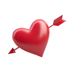 3D cupid arrow going through a glossy red heart, cute smooth-shaped minimal design on white background
