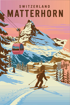 Matterhorn ski resort vintage poster showcasing swiss alps winter landscape, snowy mountains, retro ski adventure, and scenic alpine pines, perfect for european winter sports wall art.