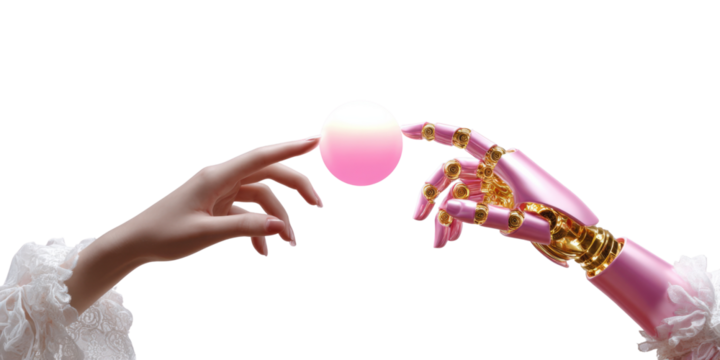 minimalist logo, On one side, a woman's hand, and on the other, the hand of a light pink robot touching the sun. negative space above,