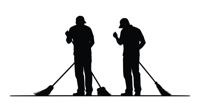 Sweepers with brooms silhouettes isolated on white background, Vector
