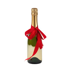 champagne bottle with red ribbon tied on white background