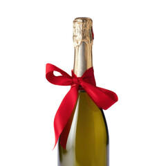champagne bottle with red ribbon tied on white background
