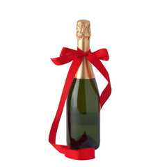 champagne bottle with red ribbon tied on white background