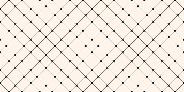 Minimalist vector seamless pattern with thin lines, nodes. Black and white abstract lattice, grid, mesh, net. Subtle monochrome minimal background texture. Simple repeating design for decor, print
