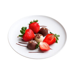 dessert plate with strawberries and chocolates isolated on white background