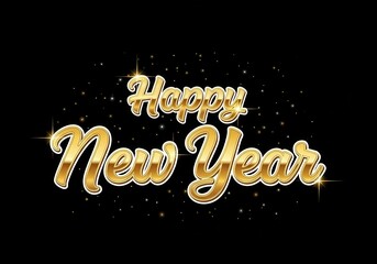 Golden happy new year text with star sparkles on a black background