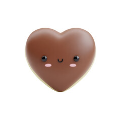 kawaii-style 3D chocolate heart with tiny smiling face, soft pastel tones, clean minimal look on white background