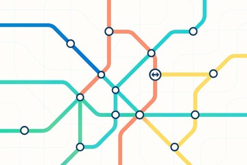 Abstract metro map with colorful transport lines and station points on a light background, illustrating urban transit connection concept. Ai generative