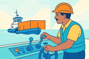 Cargo ship operator steering vessel with container ship on water, illustrated in flat abstract style with light blue background. Ai generative