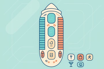 Abstract cruise ship top view layout with deck icons and amenities in minimalist style on light background. Ai generative. Ai generative