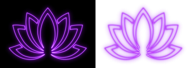 Glowing neon lotus symbol in purple on dark and transparent backgrounds, minimalist spiritual floral line art design