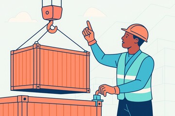 Worker operating crane to lift shipping container in port with abstract background, wearing safety gear and helmet for transport logistics concept. Ai generative